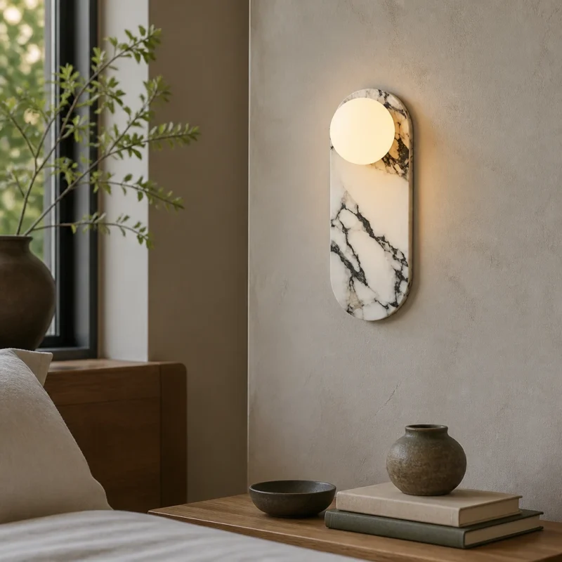 Marble and Opal Glass Wall Sconce, One Globe — in an interior setting