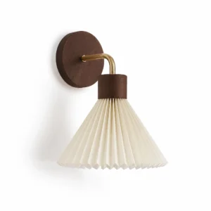Pleated Fabric and Wood Wall Sconce, Brown — main view on white