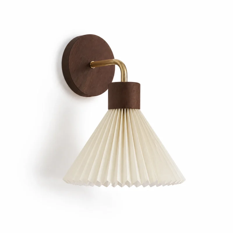 Pleated Fabric and Wood Wall Sconce, Brown Pleated Fabric and Wood Wall Sconce, Brown — main view on white