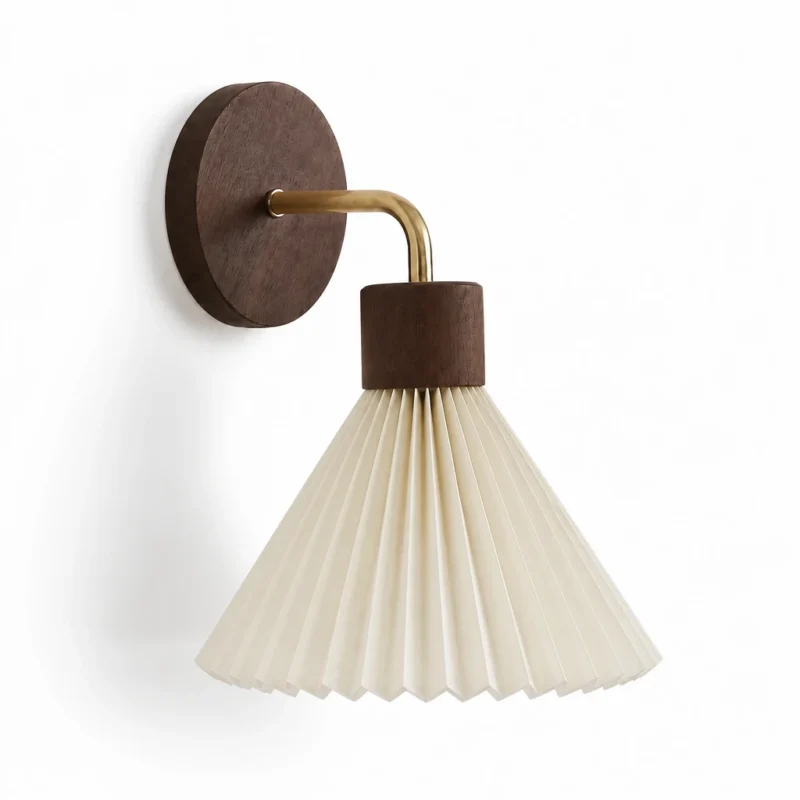 Pleated Fabric and Wood Wall Sconce, Brown — alternate view on white
