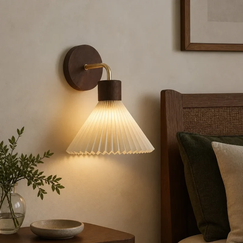 Pleated Fabric and Wood Wall Sconce, Brown — in an interior setting