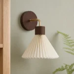 Pleated Fabric and Wood Wall Sconce, Brown — material and shade detail