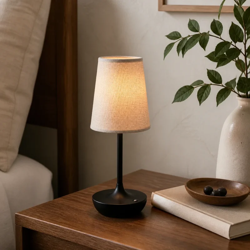 Rechargeable Fabric Shade Table Lamp, Black — in an interior setting