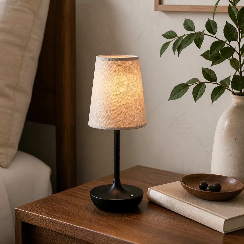 Rechargeable Fabric Shade Table Lamp, Black in an interior setting