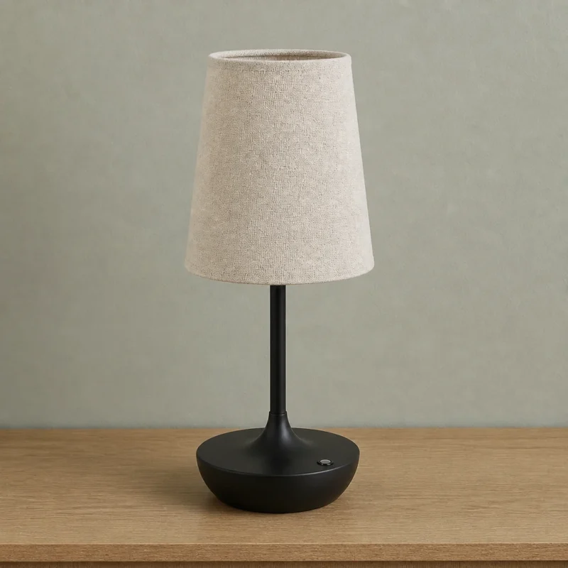 Rechargeable Fabric Shade Table Lamp, Black — complete fixture in an interior setting