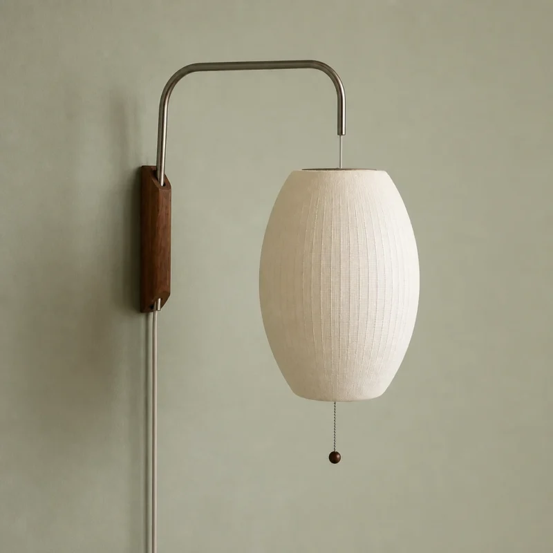 Silk Lantern Swing Arm Wall Light, US Plug — complete fixture in an interior setting