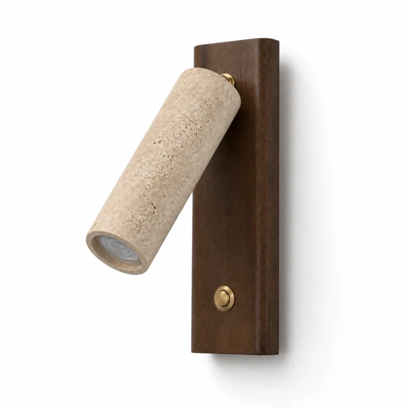 Travertine Reading Wall Light with Walnut Backplate — alternate view on white