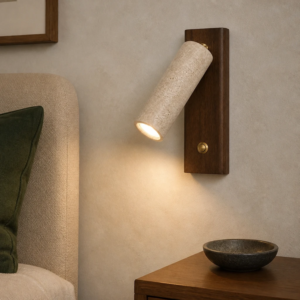 Travertine Reading Wall Light with Walnut Backplate in an interior setting