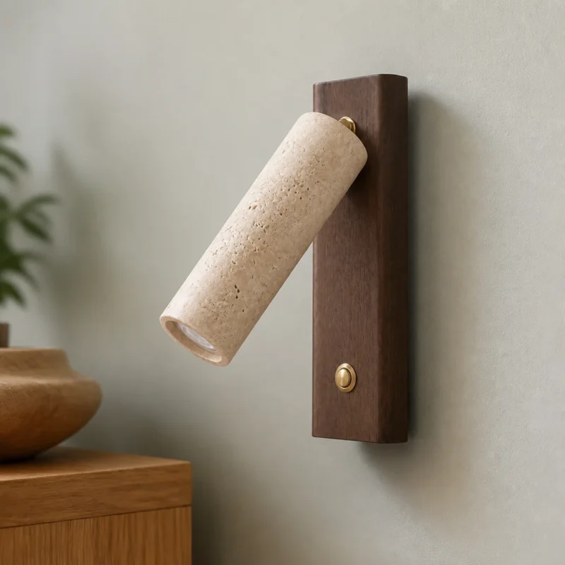 Travertine Reading Wall Light with Walnut Backplate — material and shade detail