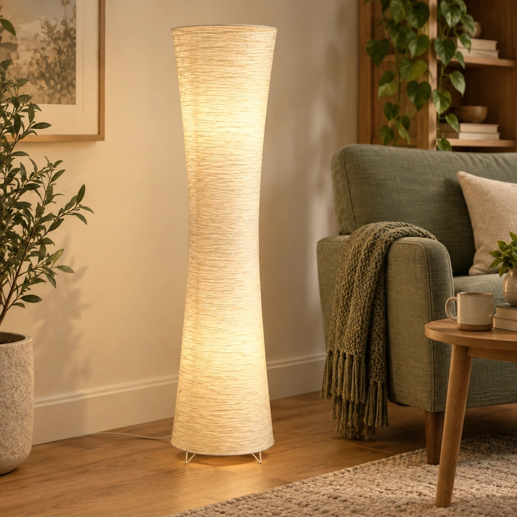 Rice Paper Column Floor Lamp with Remote in an interior setting