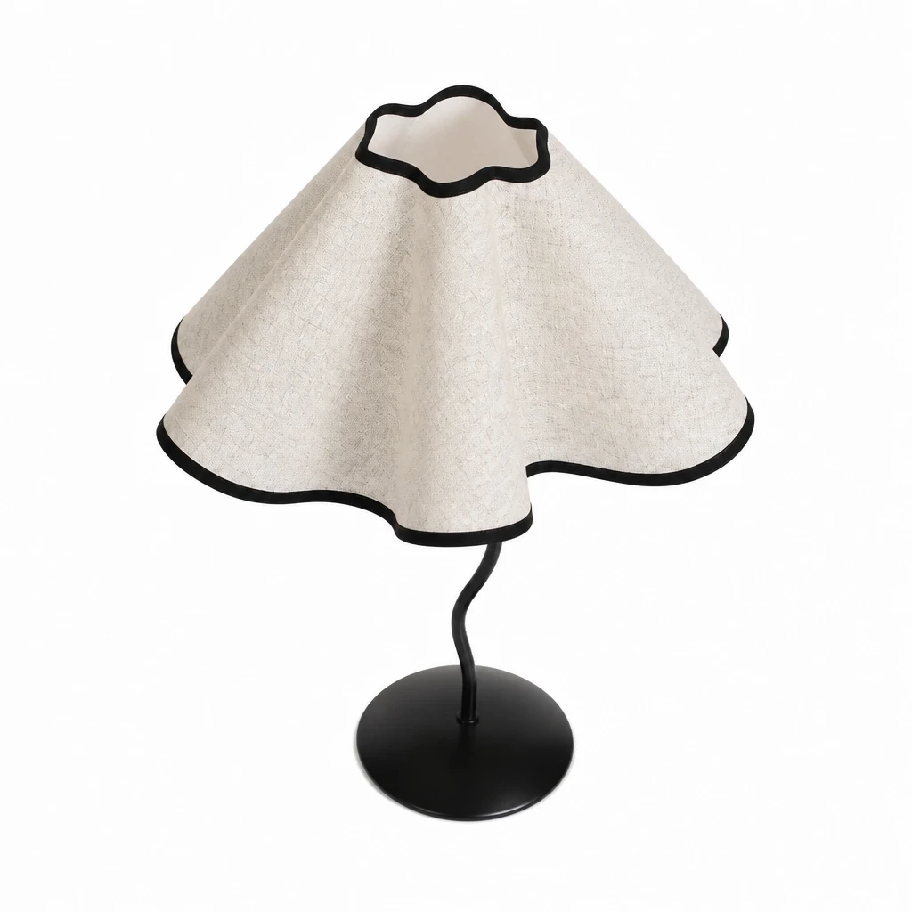 Scalloped Fabric Shade Table Lamp with Wavy Black Stem — White-background alternate angle