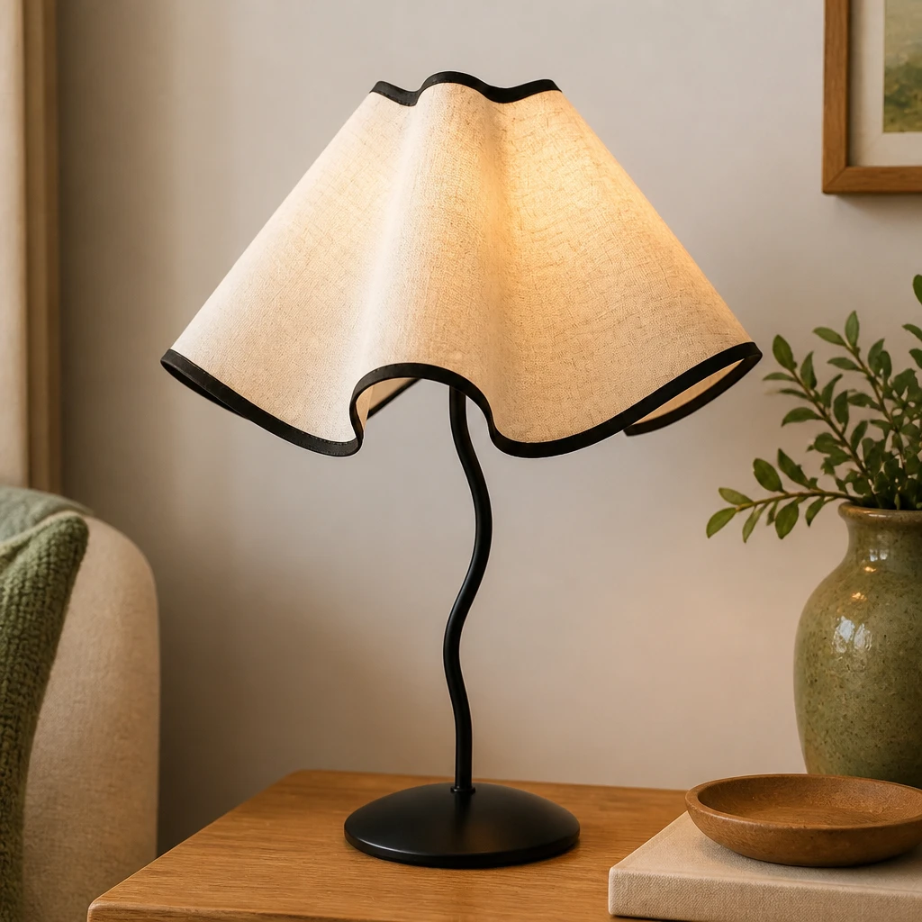 Scalloped Fabric Shade Table Lamp with Wavy Black Stem in an interior setting