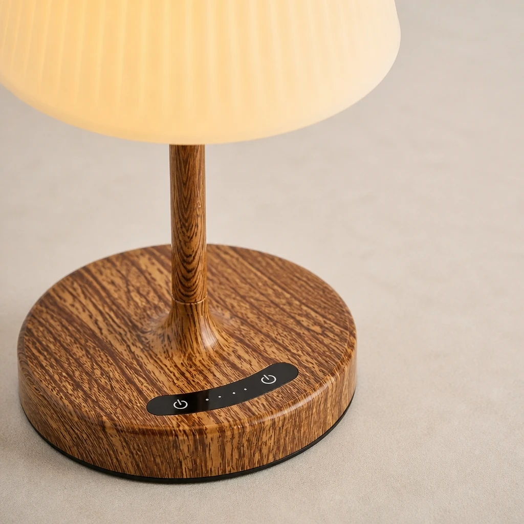 Wood-Grain Rechargeable LED Table Lamp — Material and construction detail