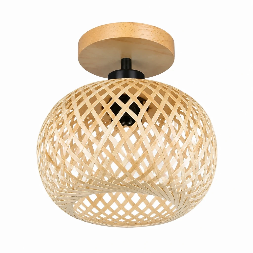 Woven Bamboo E26 Flush Mount Ceiling Light — White-background alternate angle
