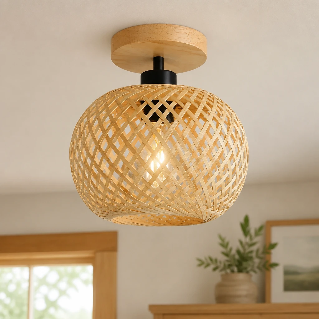 Woven Bamboo E26 Flush Mount Ceiling Light in an interior setting