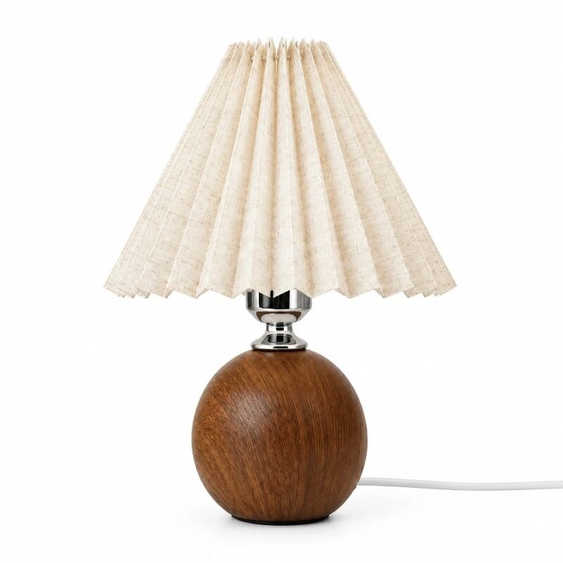 Pleated Fabric Table Lamp, Wood-Grain Base