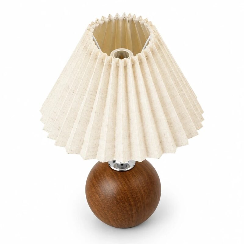 Pleated Fabric Table Lamp, Wood-Grain Base