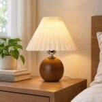 Pleated Fabric Table Lamp, Wood-Grain Base