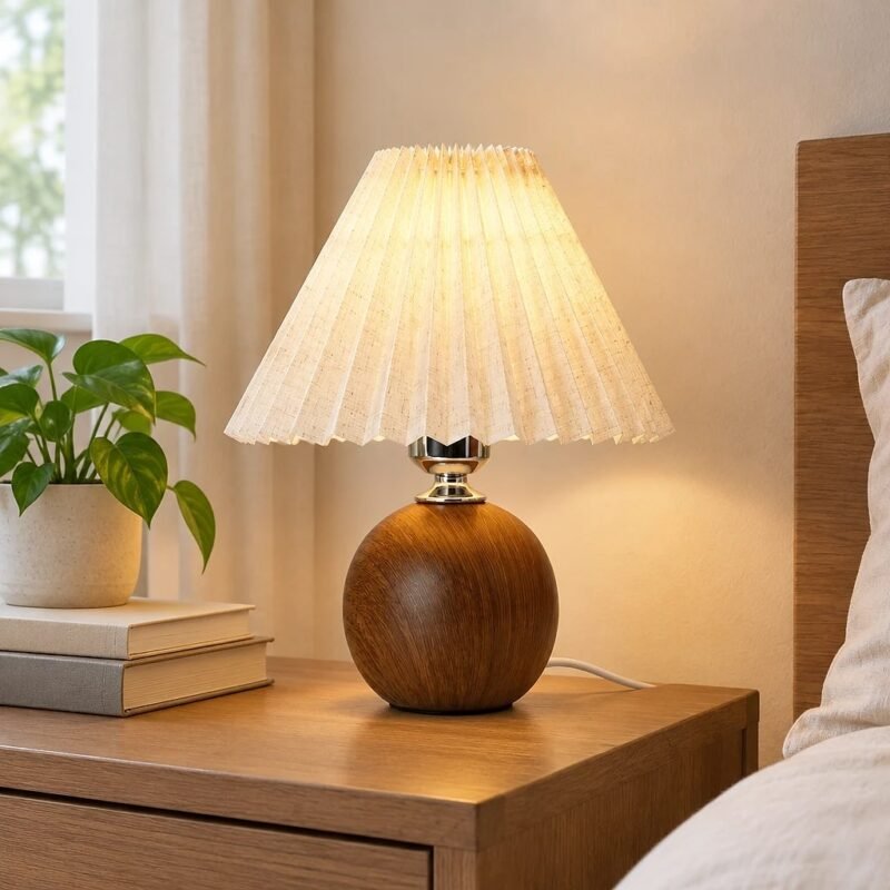 Pleated Fabric Table Lamp, Wood-Grain Base