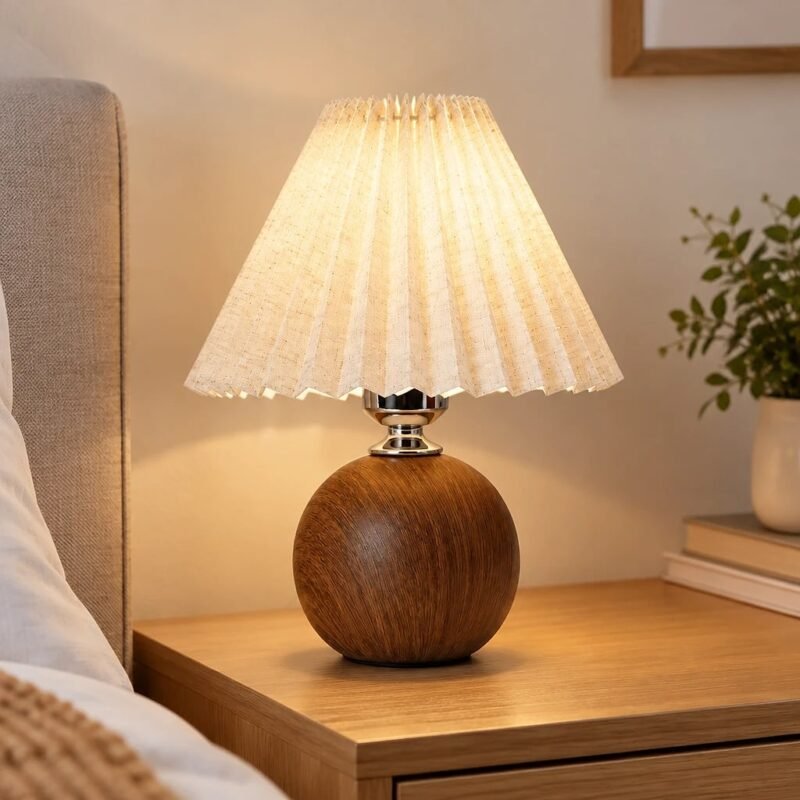 Pleated Fabric Table Lamp, Wood-Grain Base