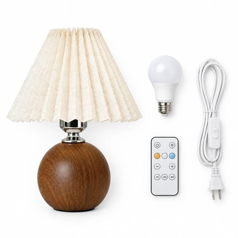 Pleated Fabric Table Lamp, Wood-Grain Base