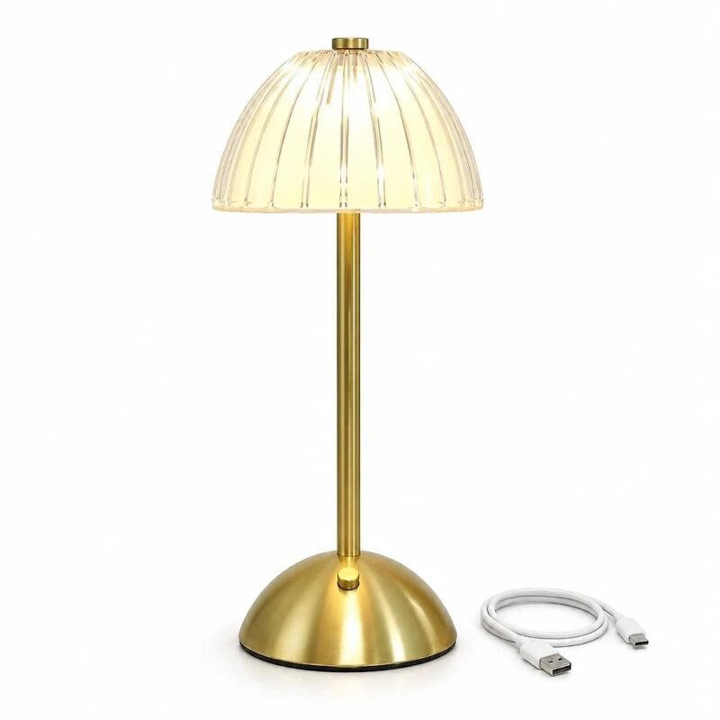 Table Lamp, Gold Ribbed Glass