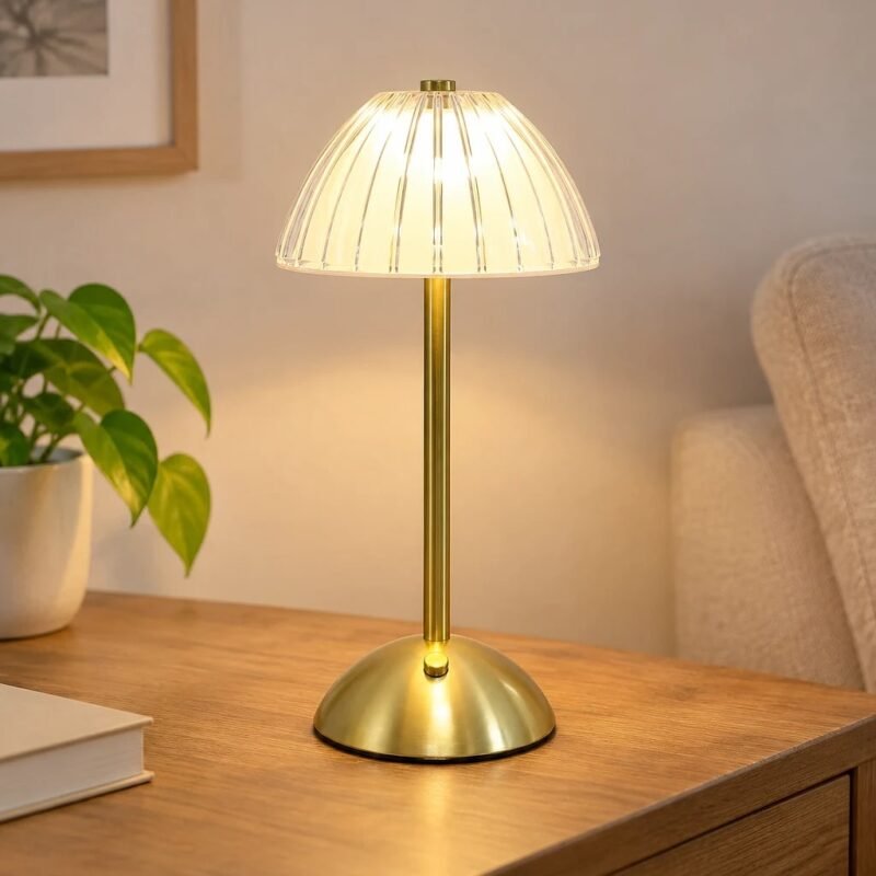 Table Lamp, Gold Ribbed Glass
